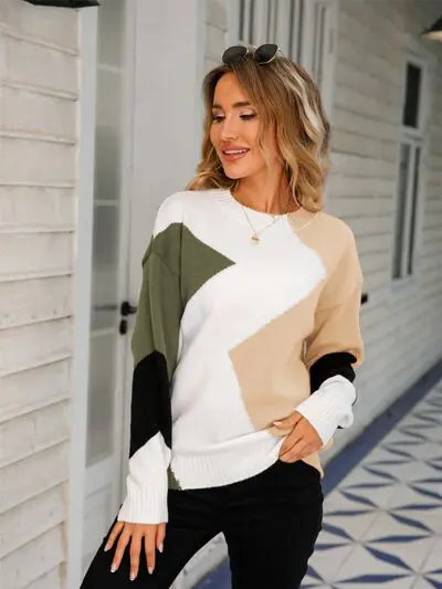 Color Block Round Neck Dropped Shoulder Sweater GlossiChic Collection