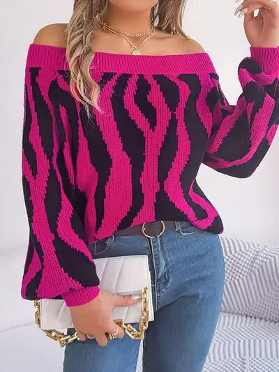 Off-Shoulder Animal Print Long Sleeve Sweater GlossiChic Collection