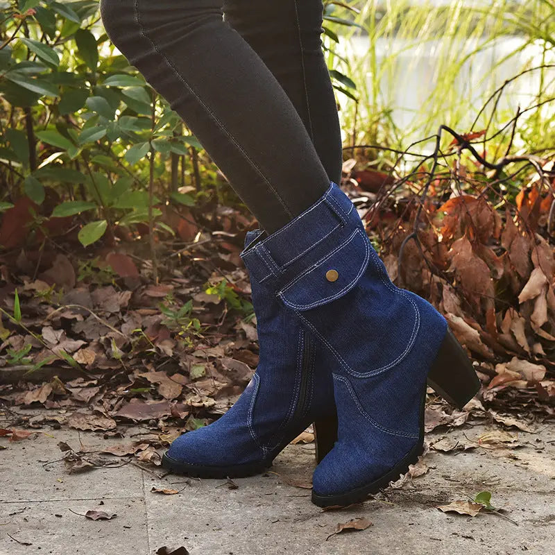 Plus Size High Heel Denim Mid Tube Women Boots GlossiChic Collection