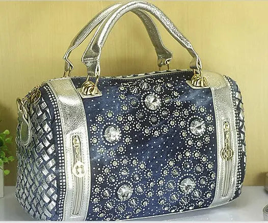 Rhinestone Round Denim Canvas  Bucket Handbag GlossiChic Collection