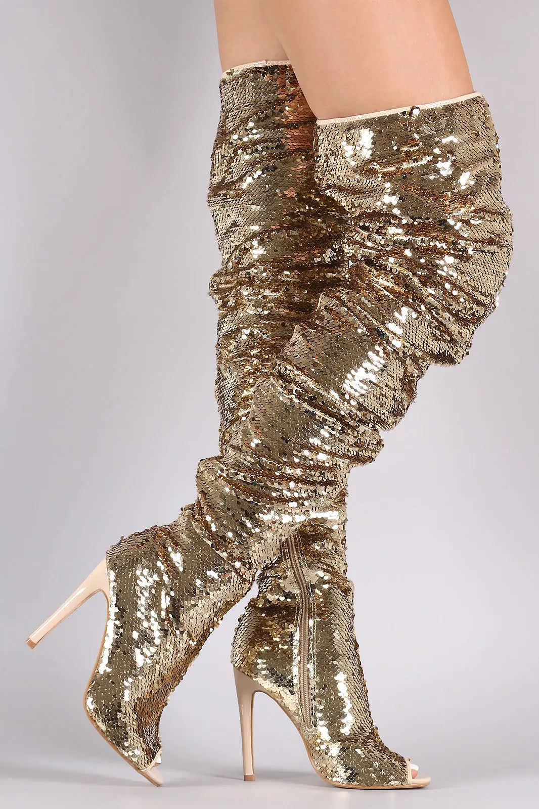 Sequin Fish Mouth Over The Knee High Heel Long Boots GlossiChic Collection