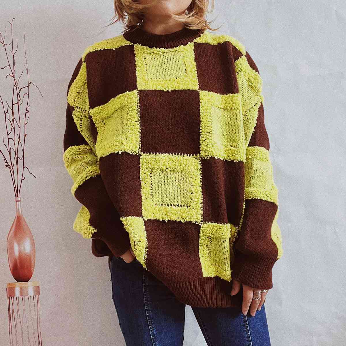 Checkered Round Neck Long Sleeve Sweater - GlossiChic Collection Banana Yellow / S GlossiChic Collection apparel