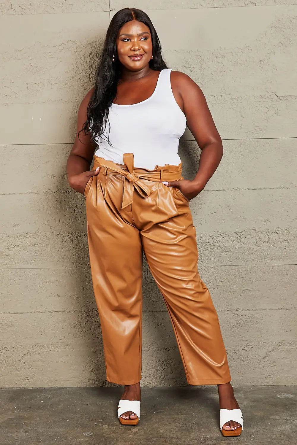 Full Size Faux Leather Waist Pants - GlossiChic Collection