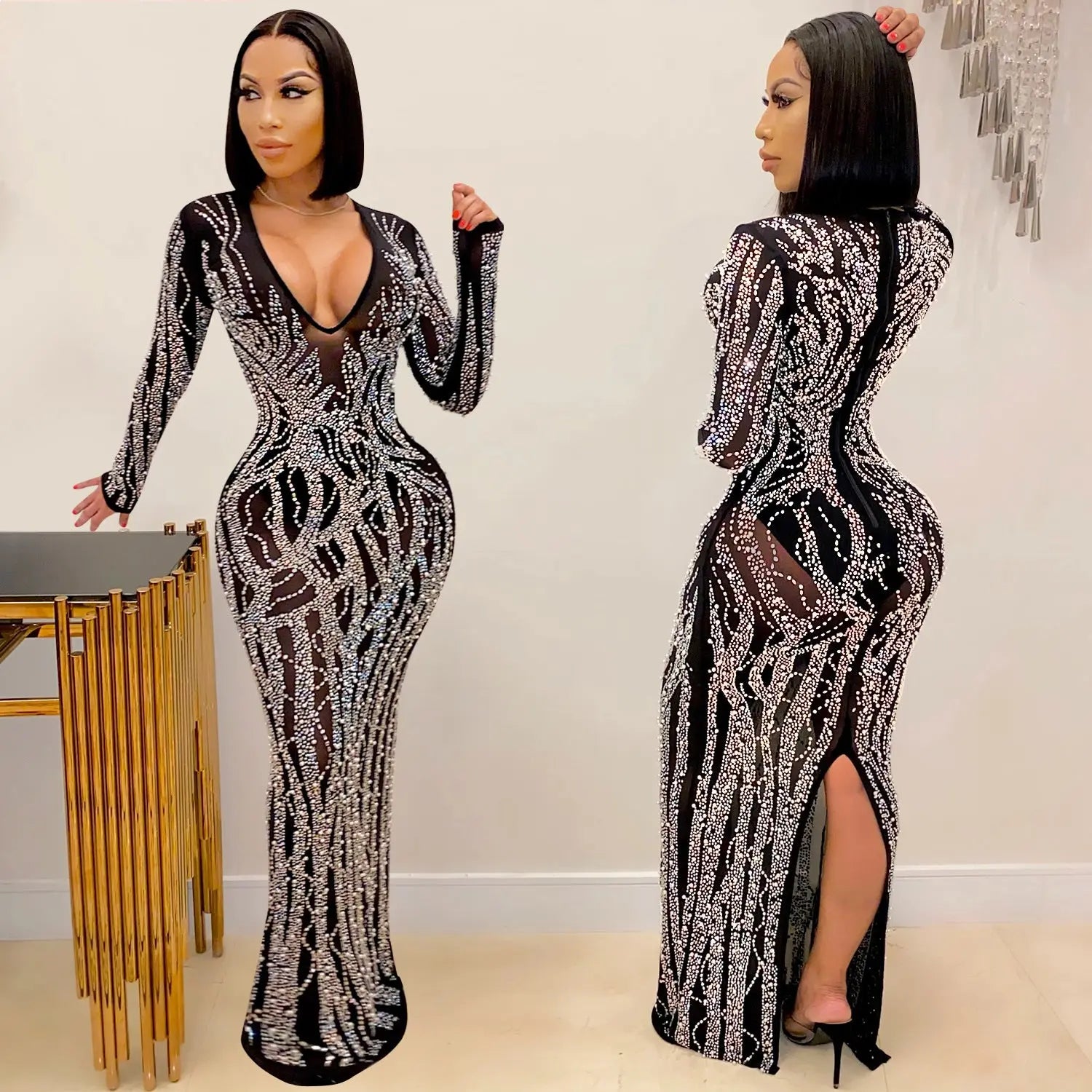 Midnight Diamond-Studded Mesh Dress GlossiChic Collection