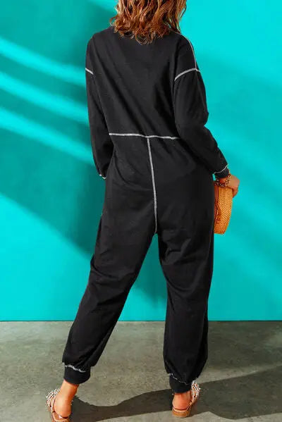 Contrast Stitching Pocketed Dropped Shoulder Jumpsuit - GlossiChic Collection Black / S GlossiChic Collection apparel