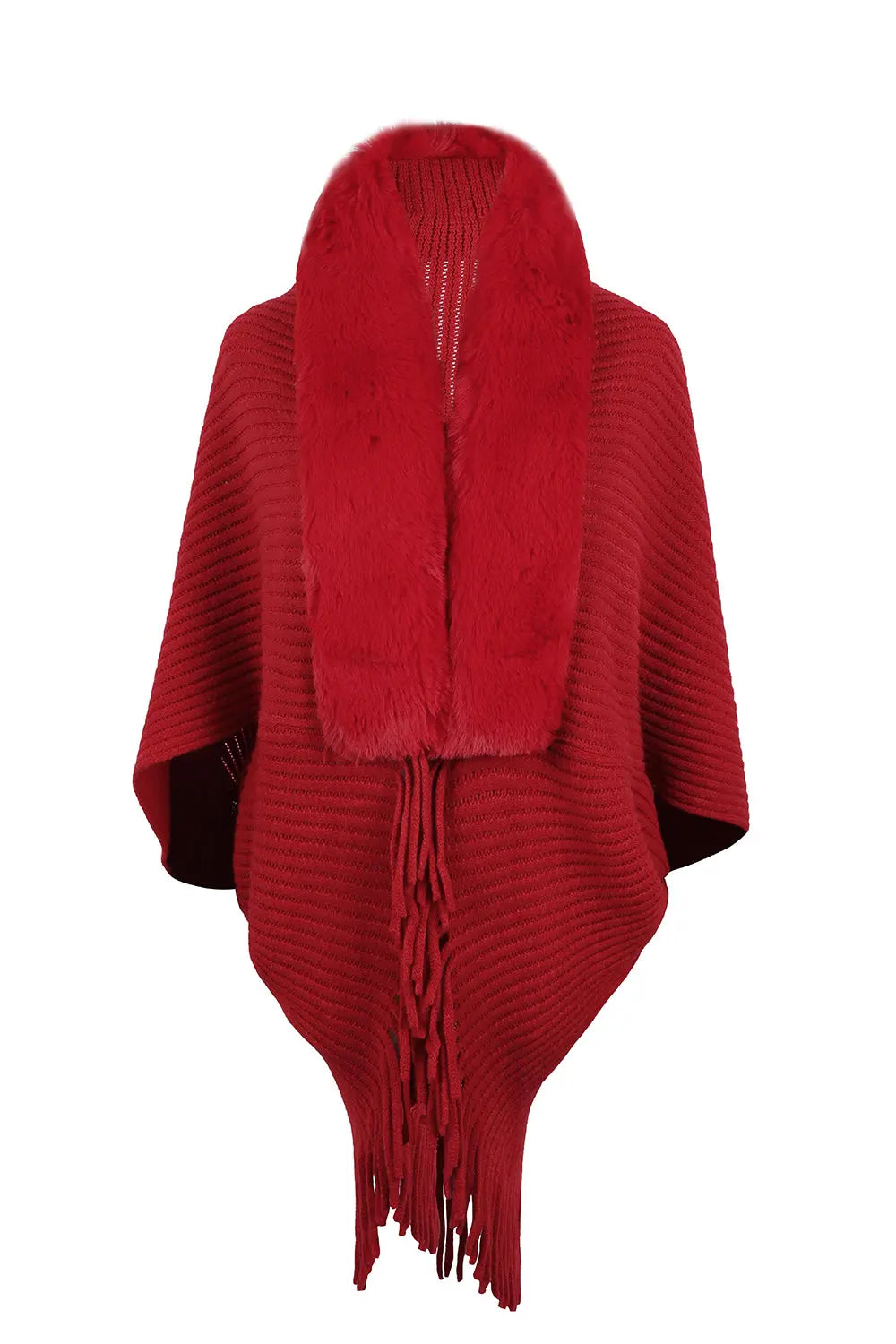 Fringe Detail Long Sleeve Ribbed Poncho - GlossiChic Collection Deep Red / One Size GlossiChic Collection apparel