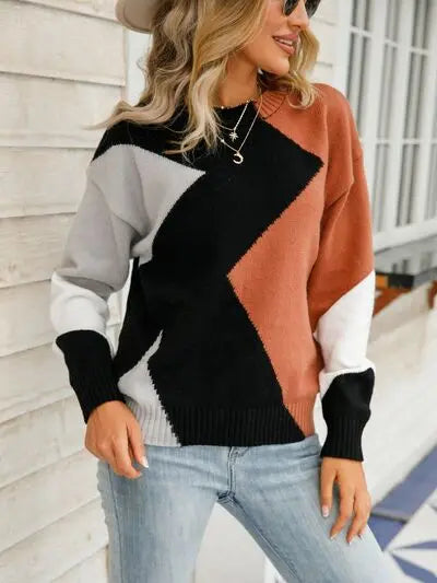 Color Block Round Neck Dropped Shoulder Sweater GlossiChic Collection