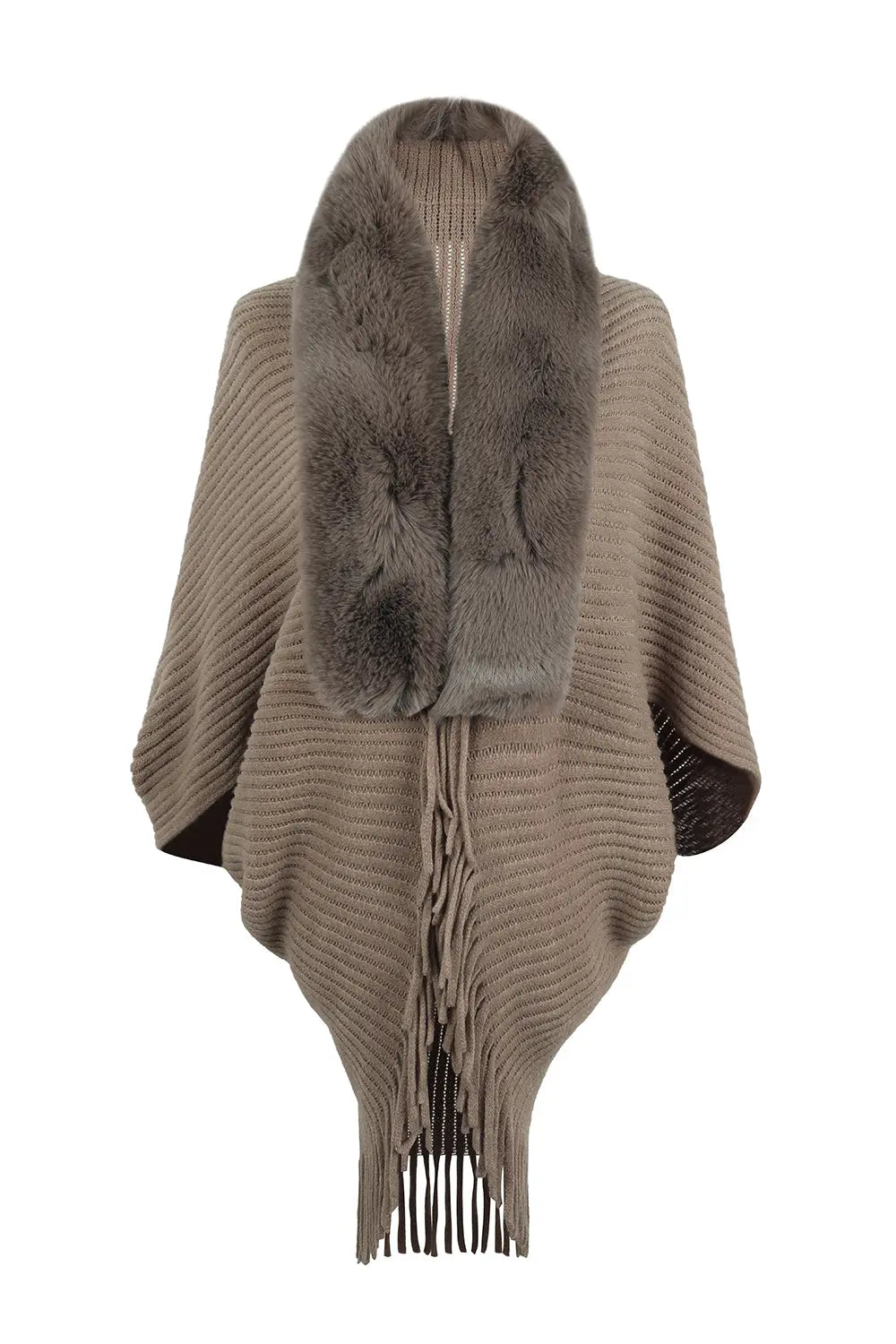 Fringe Detail Long Sleeve Ribbed Poncho - GlossiChic Collection Chocolate / One Size GlossiChic Collection apparel