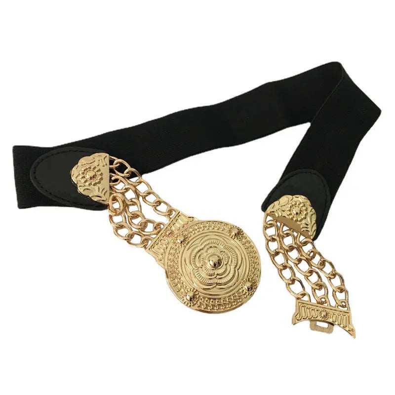 Fashion Metal Elastic Wide Belt Chain Flower Decoration - GlossiChic Collection Black GlossiChic Collection Belts & Hats