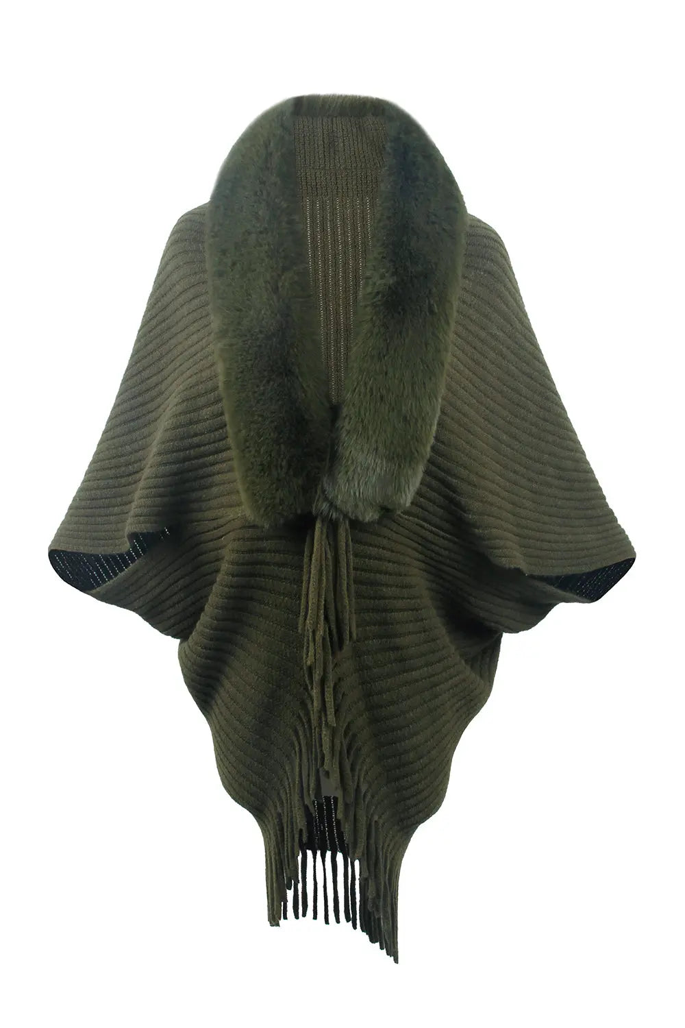 Fringe Detail Long Sleeve Ribbed Poncho - GlossiChic Collection Ivory / One Size GlossiChic Collection apparel
