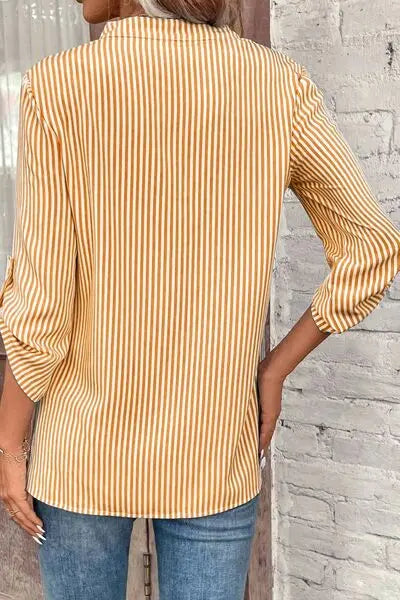 Striped Notched Roll-Tab Sleeve Shirt - GlossiChic Collection Red / S GlossiChic Collection Shirts & Tops