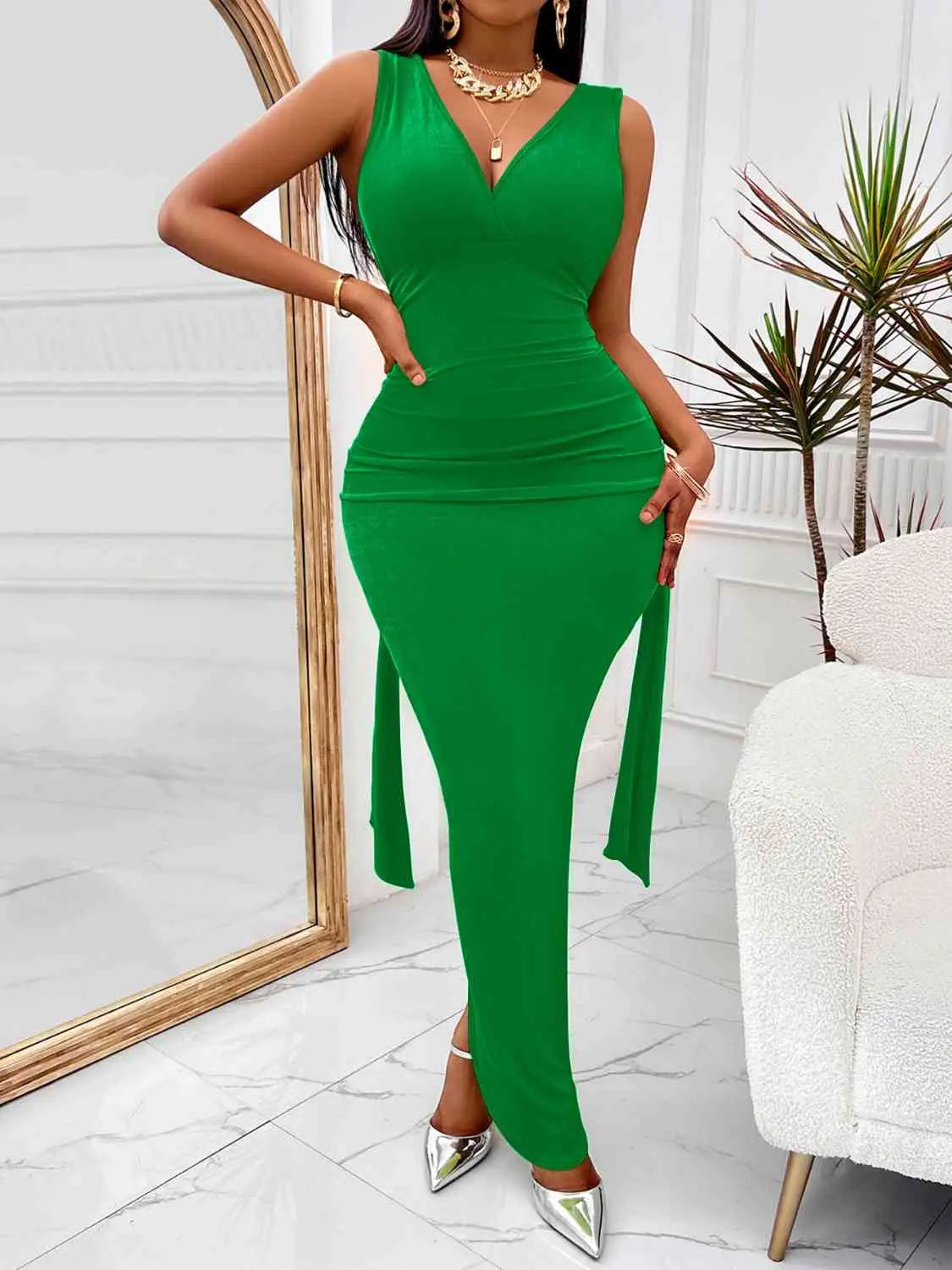 Backless Ruched Slit Maxi Dress - GlossiChic Collection