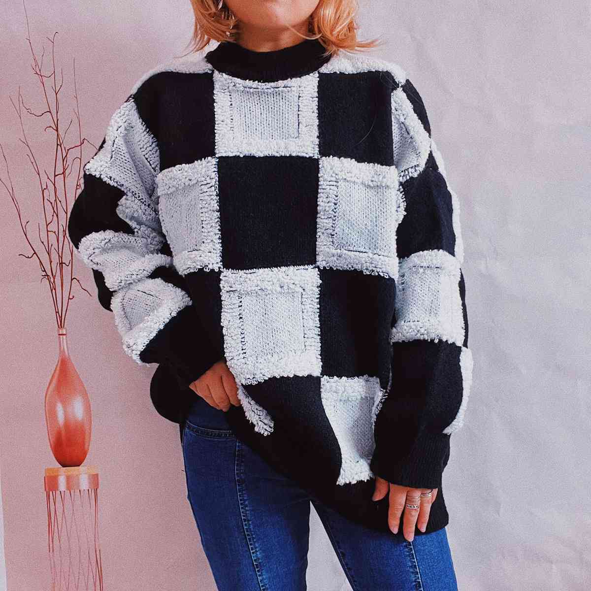 Checkered Round Neck Long Sleeve Sweater - GlossiChic Collection Black / S GlossiChic Collection apparel