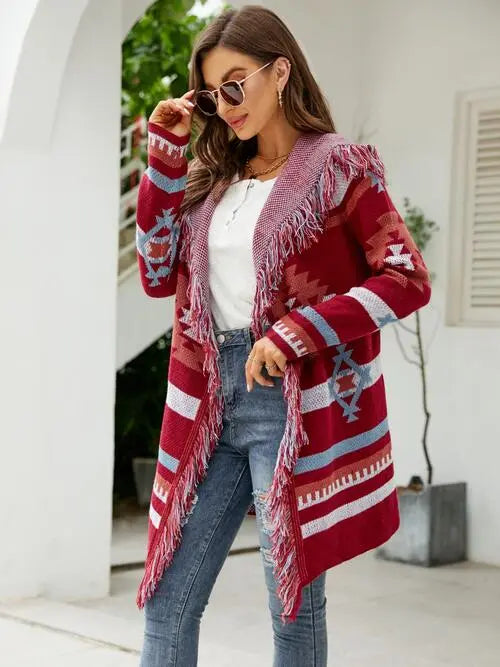 Fringe Geometric Hooded Long Sleeve Cardigan GlossiChic Collection