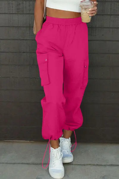 Drawstring Elastic Waist Pants with Pockets - GlossiChic Collection Hot Pink / S GlossiChic Collection apparel