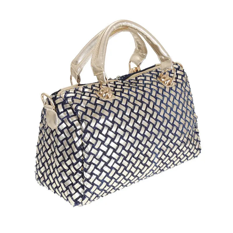 Rhinestone Round Denim Canvas  Bucket Handbag GlossiChic Collection