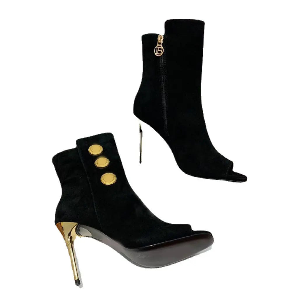 Metal Round Buckle Fish Mouth  Ankle Stiletto Boots Sandals GlossiChic Collection