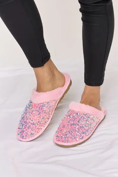 Forever Link Sequin Plush Round Toe Slippers Trendsi