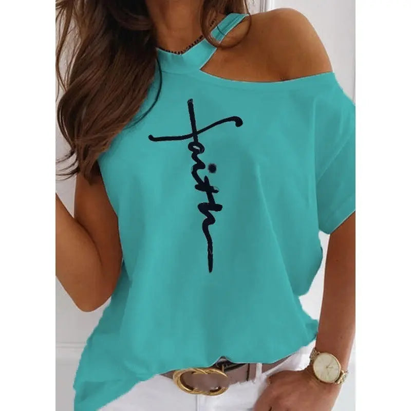 Letter Print Short Sleeve Off-Shoulder T-shirt GlossiChic Collection