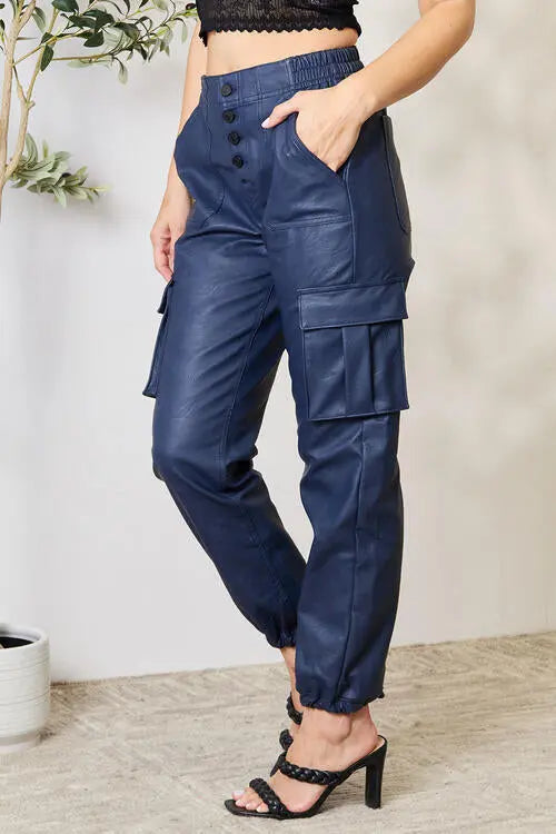High Waist Faux Leather Cargo Joggers - GlossiChic Collection Navy / S GlossiChic Collection apparel