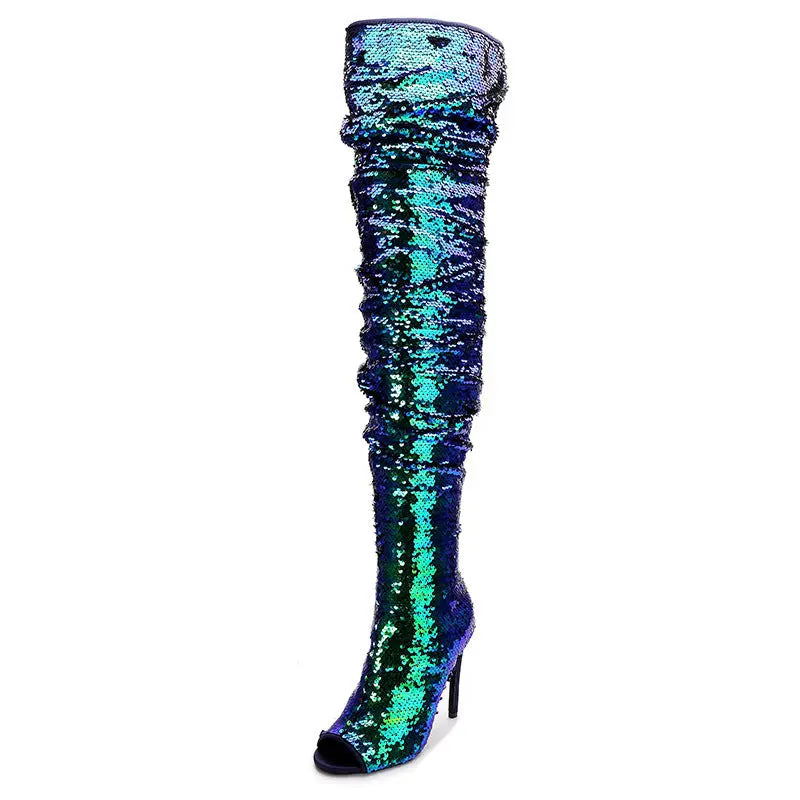 Sequin Fish Mouth Over The Knee High Heel Long Boots GlossiChic Collection