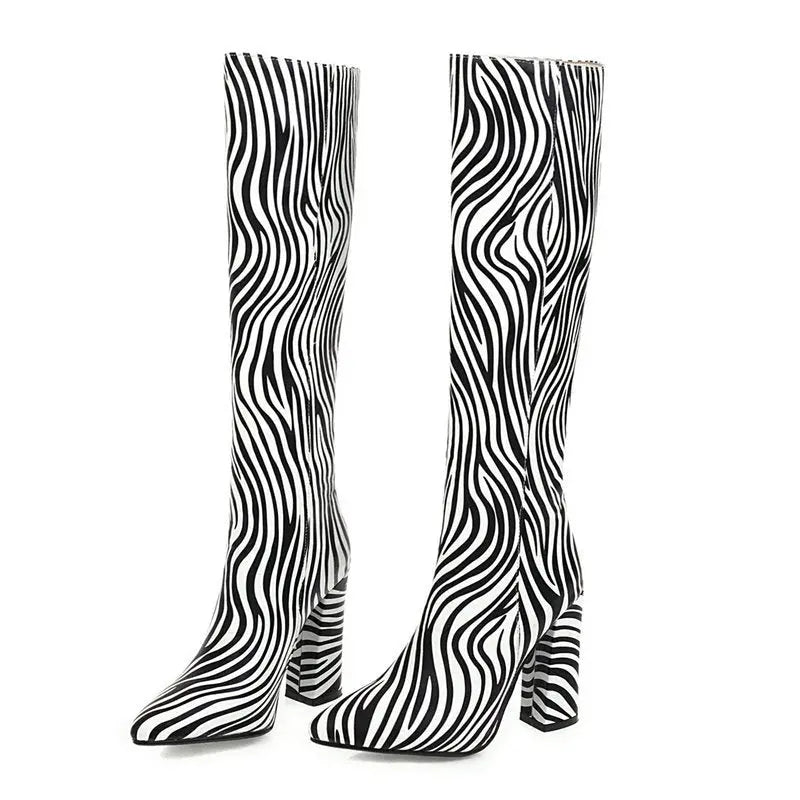 Fashion Animal Print Long Barrel Knight Boots Female Knee-high Thick High-heeled Boots - GlossiChic Collection