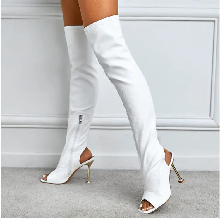 Womens Square Toe Cutout Over Knee Side Zip Cool Boots GlossiChic Collection