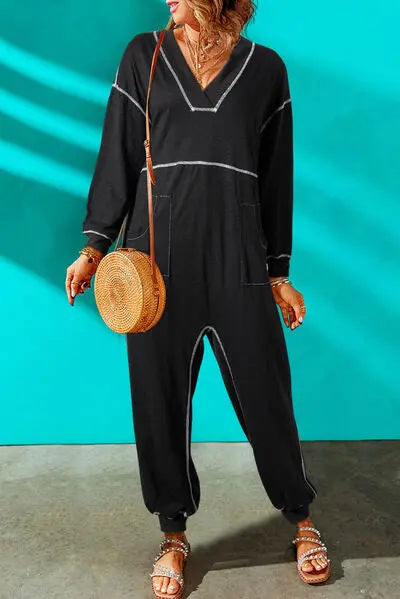 Contrast Stitching Pocketed Dropped Shoulder Jumpsuit - GlossiChic Collection Black / S GlossiChic Collection apparel