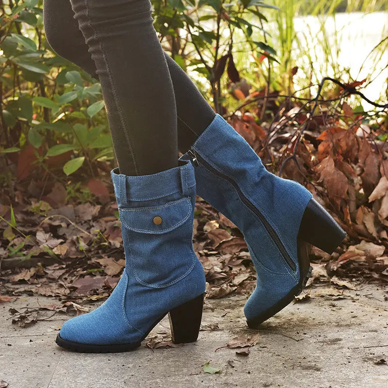 Plus Size High Heel Denim Mid Tube Women Boots GlossiChic Collection