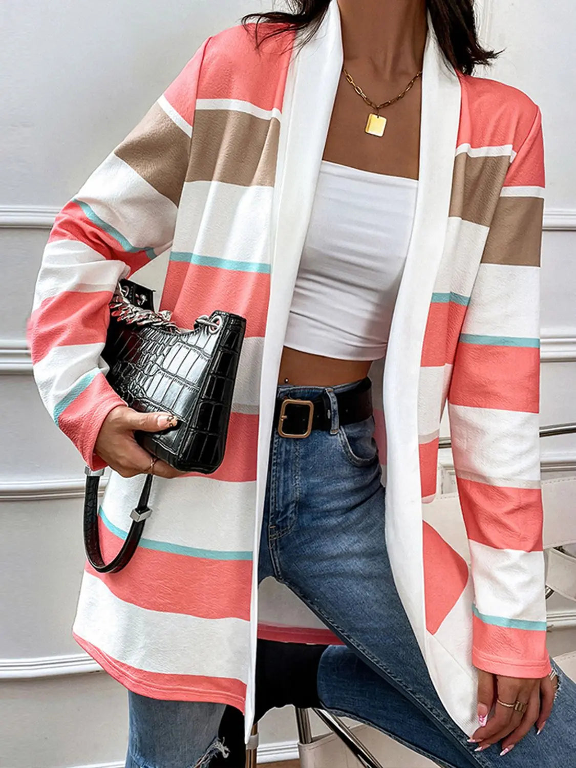 Striped Open Front Longline Cardigan - GlossiChic Collection Stripe / S GlossiChic Collection apparel