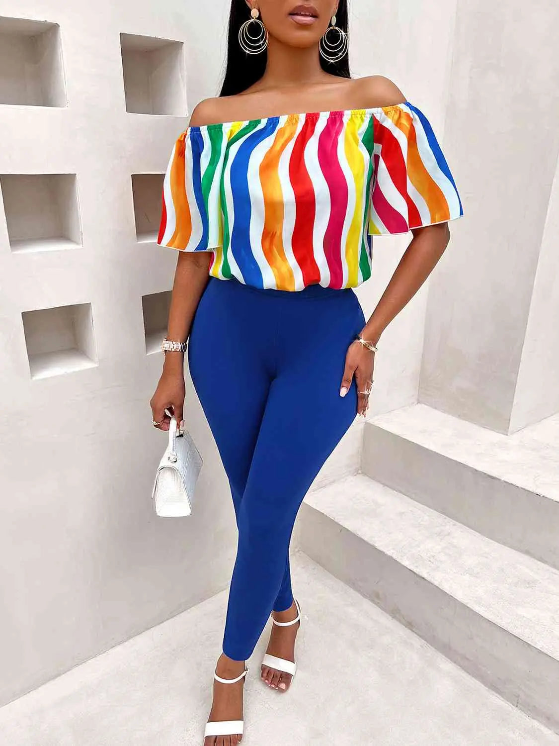 Multicolor Off Shoulder Top and Long Pants Set GlossiChic Collection