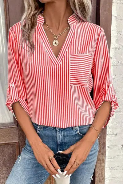 Striped Notched Roll-Tab Sleeve Shirt - GlossiChic Collection Red / S GlossiChic Collection Shirts & Tops