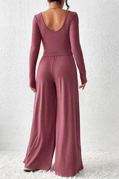 Ribbed Round Neck Top and Wide-Leg Pants Set GlossiChic Collection