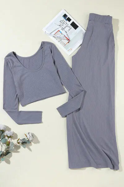Ribbed Round Neck Top and Wide-Leg Pants Set - GlossiChic Collection Cloudy Blue / S GlossiChic Collection Outfit Sets