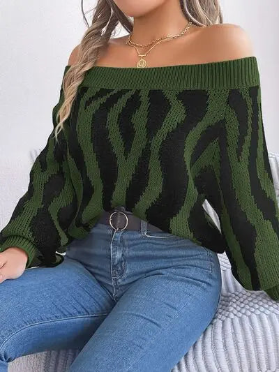 Off-Shoulder Animal Print Long Sleeve Sweater GlossiChic Collection