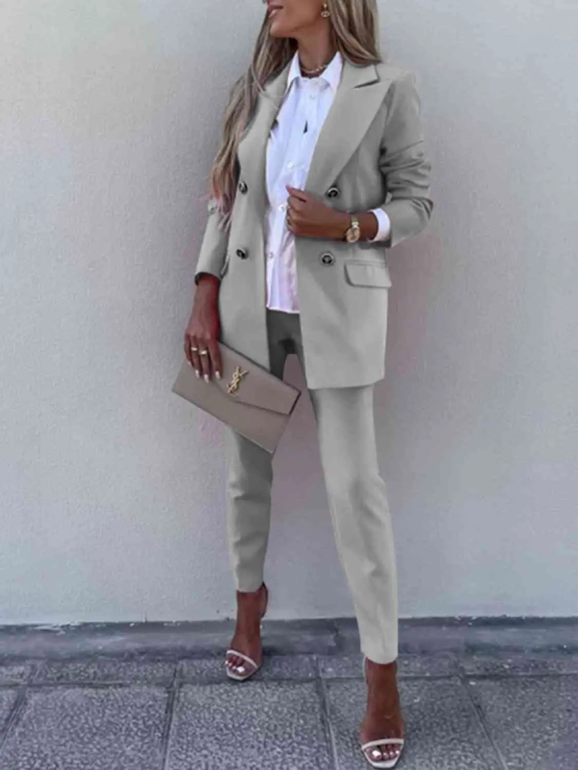 Lapel Collar Long Sleeve Blazer and Pants Set - GlossiChic Collection Charcoal / S GlossiChic Collection Outfit Sets