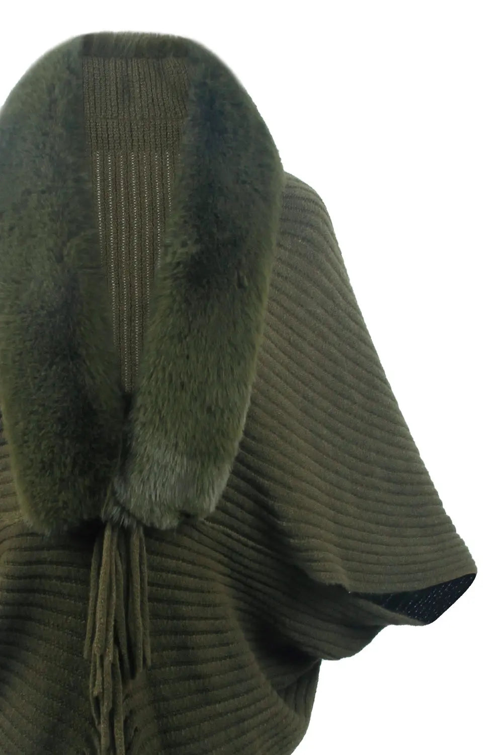 Fringe Detail Long Sleeve Ribbed Poncho - GlossiChic Collection Ivory / One Size GlossiChic Collection apparel