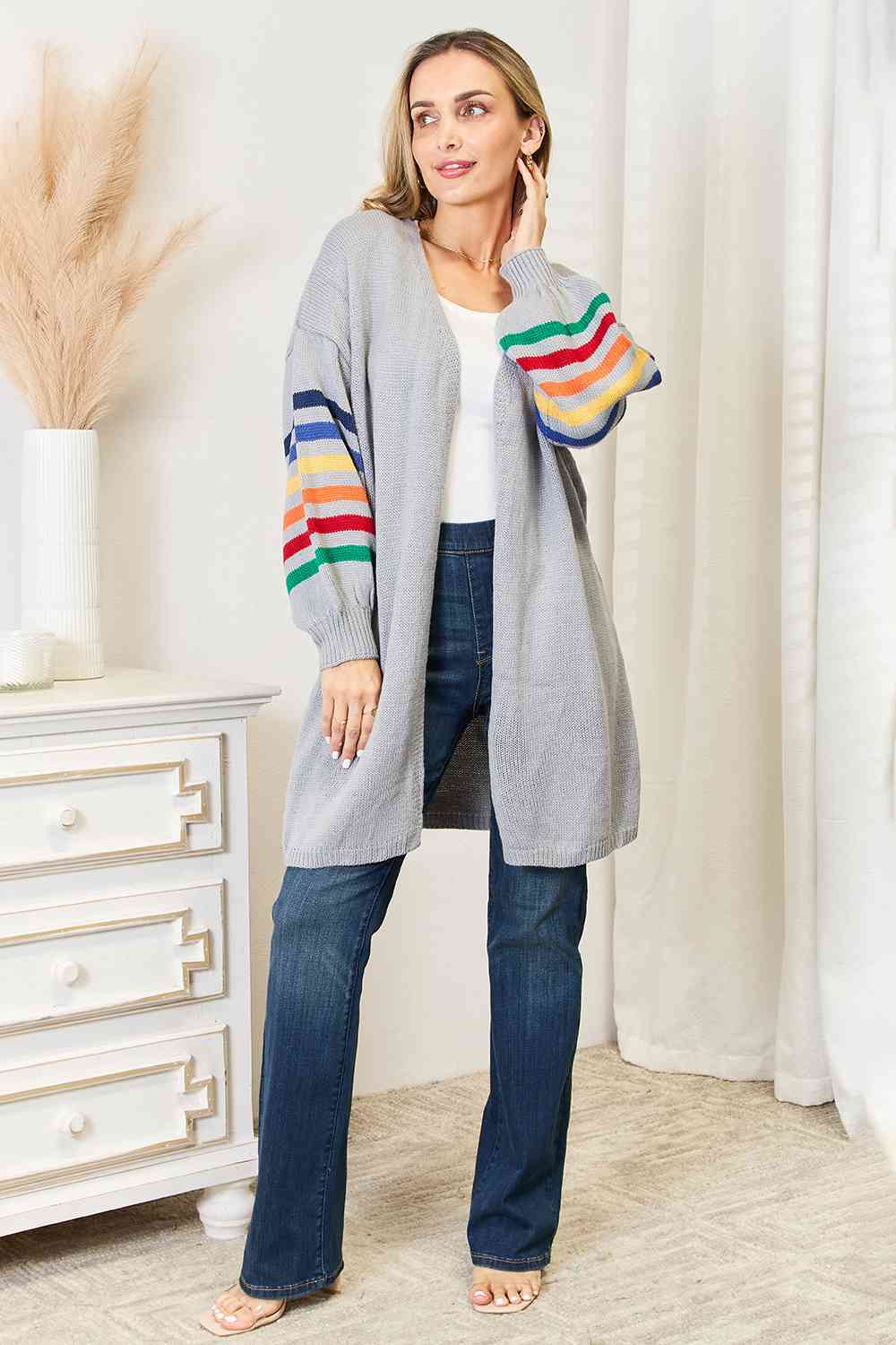Multicolored Stripe Open Front Longline Cardigan - GlossiChic Collection Light Gray / S GlossiChic Collection apparel