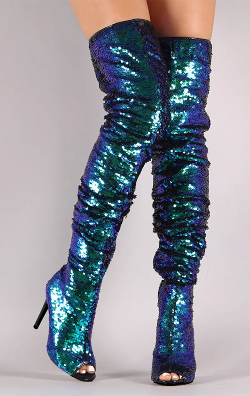 Sequin Fish Mouth Over The Knee High Heel Long Boots GlossiChic Collection