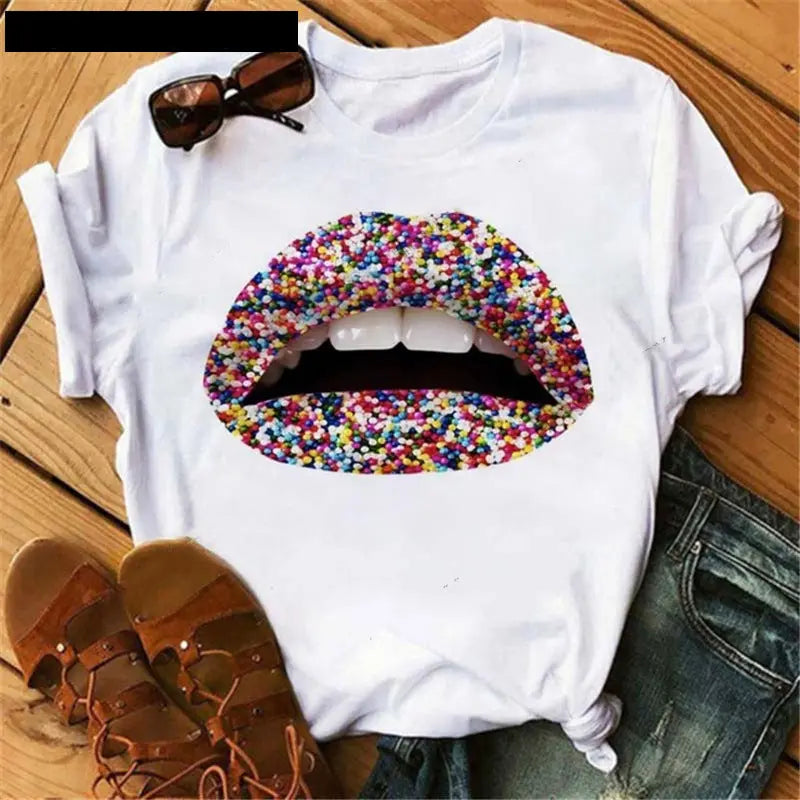 Sequin Lip Print Loose Short Sleeves GlossiChic Collection