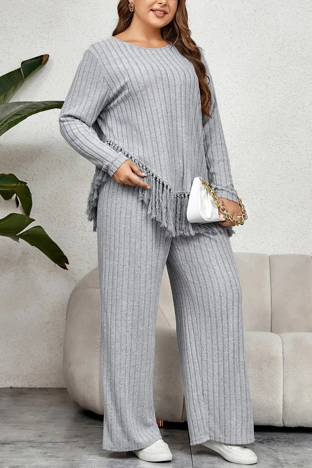Plus Size Tassel Hem Top and Pants Set - GlossiChic Collection Cloudy Blue / 1XL GlossiChic Collection apparel