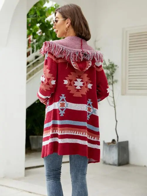 Fringe Geometric Hooded Long Sleeve Cardigan GlossiChic Collection