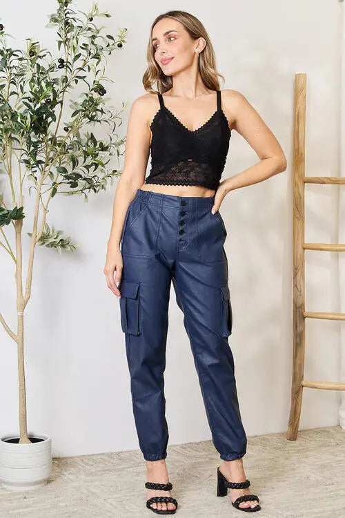 High Waist Faux Leather Cargo Joggers - GlossiChic Collection Navy / S GlossiChic Collection apparel