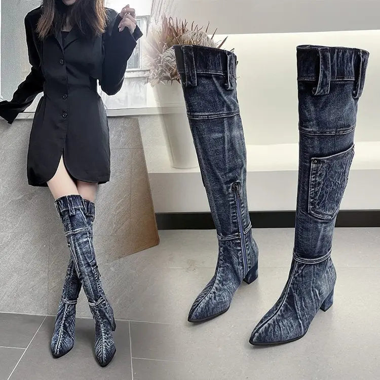 New Pointed Mid Heel Denim Over Knee Boots GlossiChic Collection