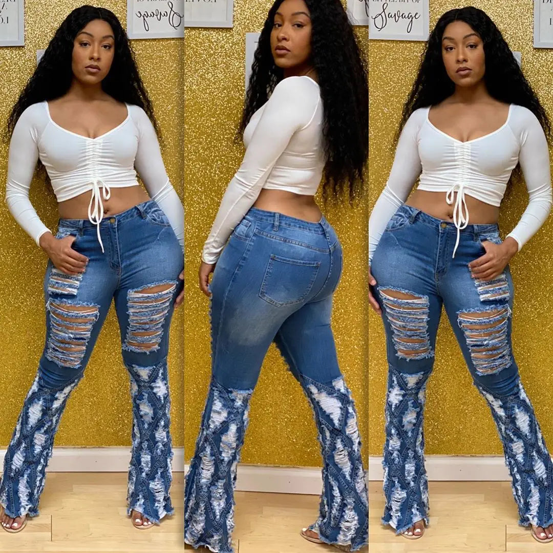 Diamond Ripped Denim Jeans - GlossiChic Collection