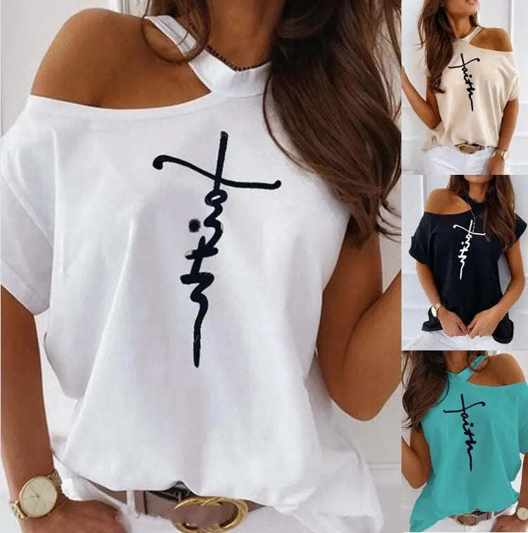 Letter Print Short Sleeve Off-Shoulder T-shirt GlossiChic Collection