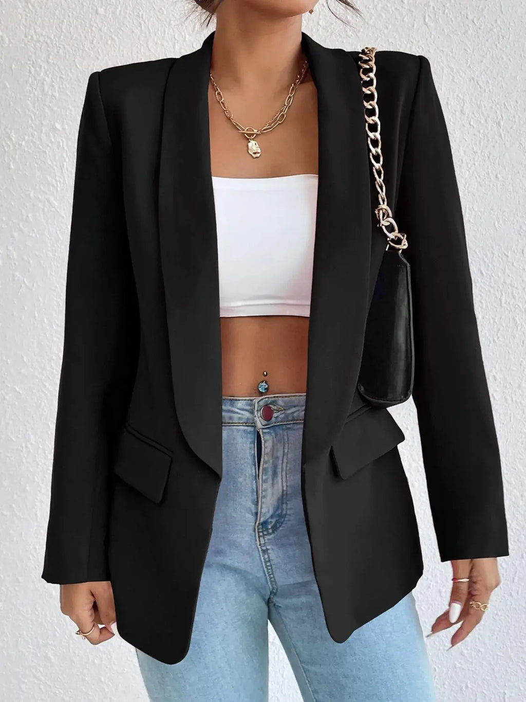 Shawl Collar Long Sleeve Blazer - GlossiChic Collection Black / S GlossiChic Collection Blazer & Cardigan