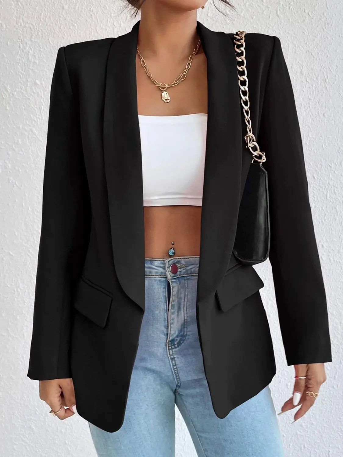 Shawl Collar Long Sleeve Blazer - GlossiChic Collection Black / S GlossiChic Collection Blazer & Cardigan