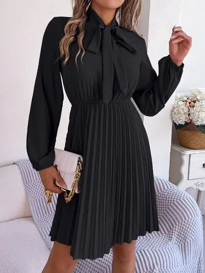 Tie Neck Balloon Sleeve Pleated Dress Trendsi