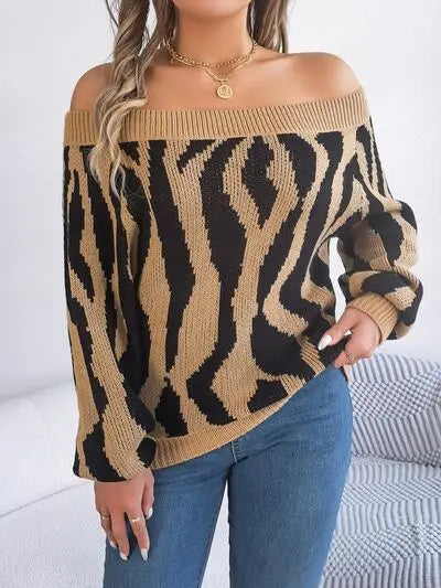 Off-Shoulder Animal Print Long Sleeve Sweater GlossiChic Collection